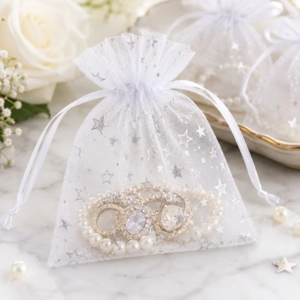 100 White Organza Star Drawstring Gift Bags 3.5